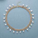 High End Gold Tone Chunky Chain Freshwater Pearl Short Choker Necklace Bracelet Jewelry Set Woman's Teengirl Birthday Gifts