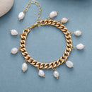 High End Gold Tone Chunky Chain Freshwater Pearl Short Choker Necklace Bracelet Jewelry Set Woman's Teengirl Birthday Gifts